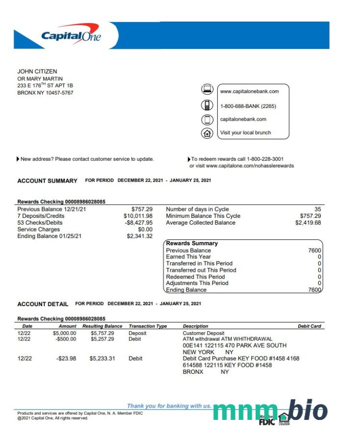 Szablon wyciągu bankowego USA Capital One w formacie Word i PDF (2 strony) Wersja 3